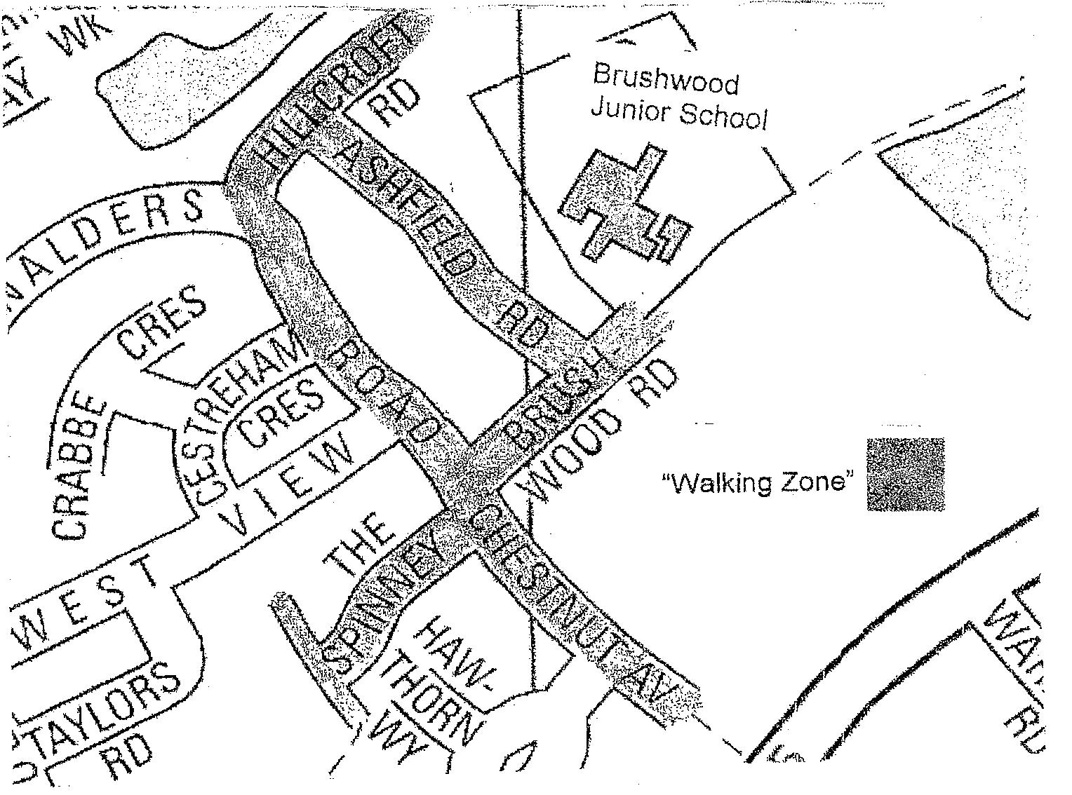 Voluntary Exclusion Zone Map showing the walking zone consisting of the 'pan handle' formed by Brushwood Road, Hillcroft Road, Ashfield Road, Nalders Road and Chestnut Avenue